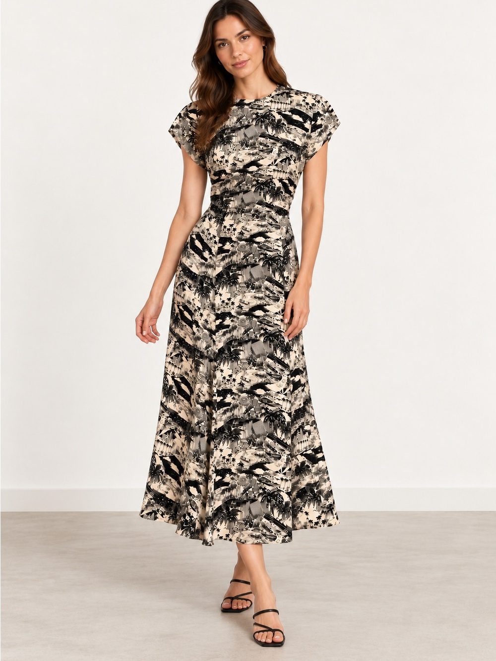 Reformation Gavin Dress Size 10 Black Cream Toile Scenic Midi